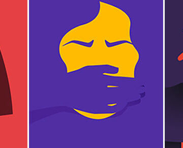 A collage of illustrations of a hand of hands gropping two women's butts and one covering her mouth