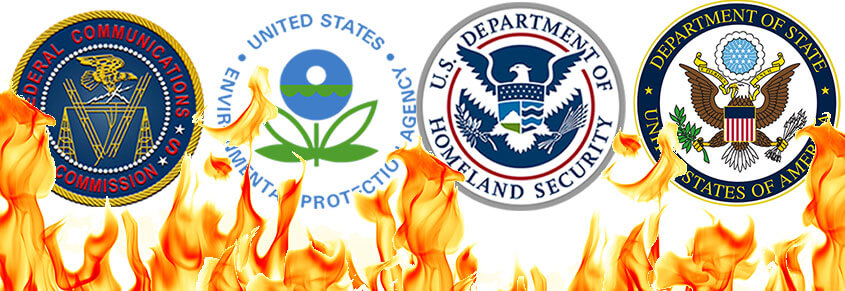 A collage of logos of Federal Communications Commissions, the EPA, Homeland Security and Department of State