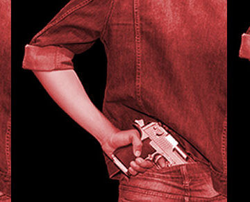 A collage of photos of a man having a gun in the back of his pocket.