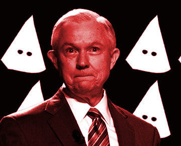 A collage of Jeff Sessions and KKK masks