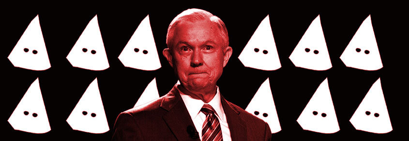 A collage of Jeff Sessions and KKK masks