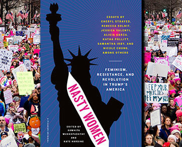 The cover of the book "Nasty Women" by Sarah Jaffe with a photo of the 2017 Women's March in the background.