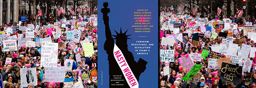 The cover of the book "Nasty Women" by Sarah Jaffe with a photo of the 2017 Women's March in the background.