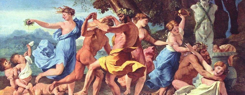 A renaissance painting of people dancing and fighting