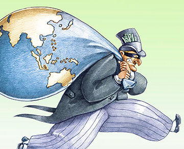 An illustration of a man carrying a bag of money painted like the world.