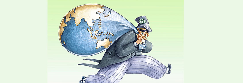 An illustration of a man carrying a bag of money painted like the world.