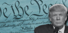 A collage of Donald Trump in front of the US Constitution
