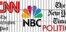 The logos of CNN, The Washington Post, NBC, New York Times and Politico behind bars.