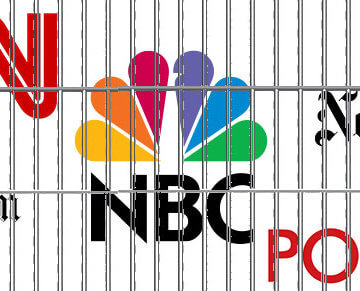 The logos of CNN, The Washington Post, NBC, New York Times and Politico behind bars.