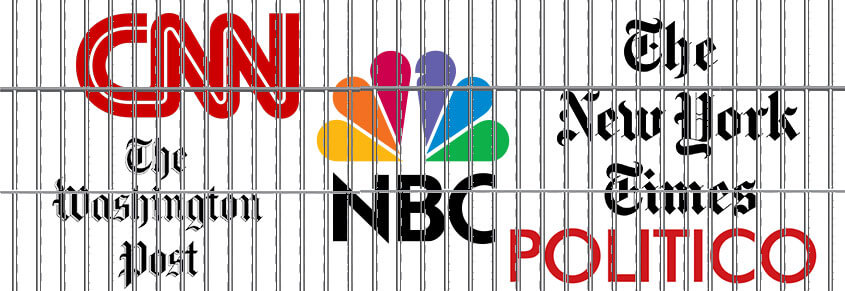 The logos of CNN, The Washington Post, NBC, New York Times and Politico behind bars.
