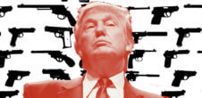 A photo of Donald Trump in the foreground and various guns in the background