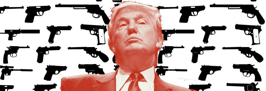 A photo of Donald Trump in the foreground and various guns in the background