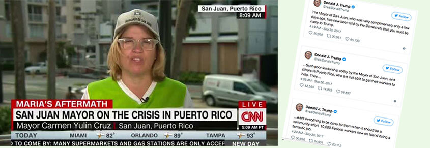 A collage of the San Juan mayor of CNN and tweets from Donald Trump insulting the San Juan mauor.
