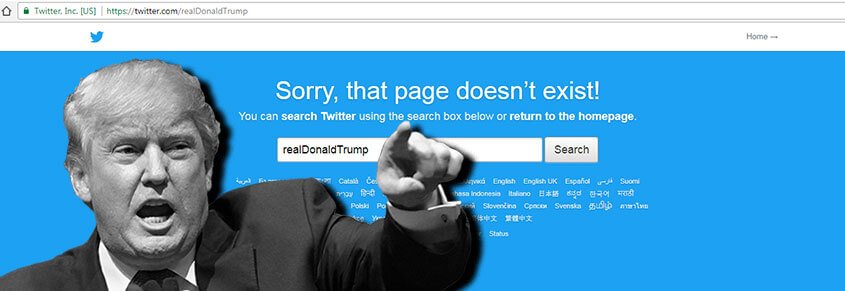 A collage of Donald Trump in front of a website showing that Donald Trump's Twitter account is down