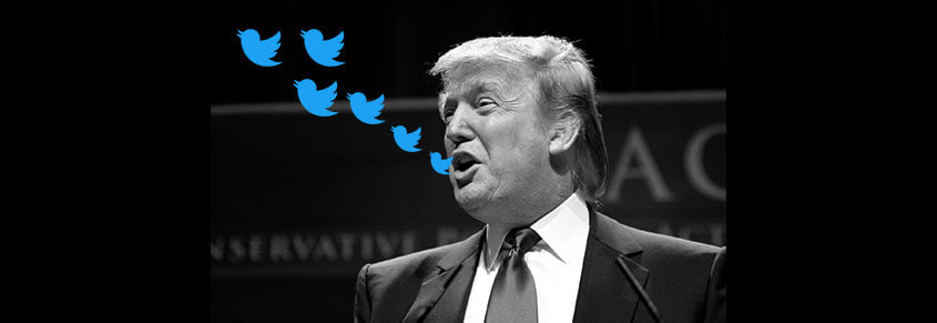 A collage of a photo of Donald Trump with Twitter birds coming out of his mouth.