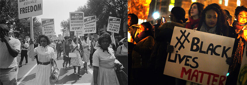A collage of Black women at a 1960s Civil Rights protest and one of a Black woman at a Black Lives Matter protest