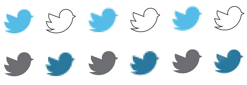 A collage of Twitter birds, some are distorted, some are white, some are gray.