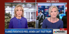 A photo of two white women on MSNBC, with text below them that says, "Planned Parenthood Pres.: Women Can't Trust Trump"
