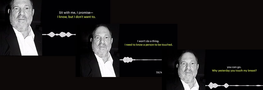 Photos of Harvey Westein and a conversation between him and one of the women that he assaulted. He said, "Sit with me, I promise." She says, "I know. but I don't want to." Him, "I won't do a thing." Her, " need to know a person to be touched." Him, "You can go." Her, "Why yesterday you touch my breast."