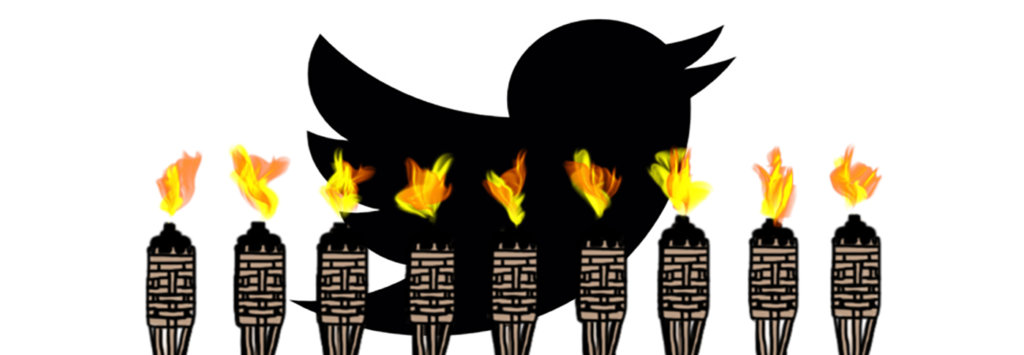 A collage of a Black twitter bird and Tiki torches