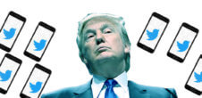 A collage of Donald Trump and photos of Twitter birds inside of phones