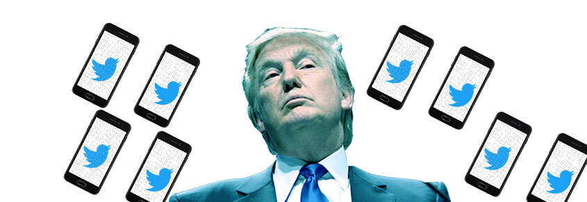 A collage of Donald Trump and photos of Twitter birds inside of phones