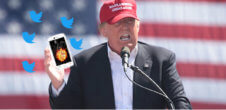 A photo of Donald Trump holding a phone. There are Twitter birds added to this image