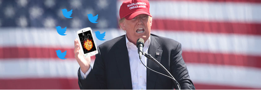 A photo of Donald Trump holding a phone. There are Twitter birds added to this image