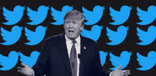 A collage of Donald Trump and Twitter birds behind him.