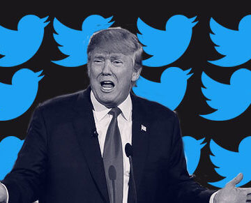 A collage of Donald Trump and Twitter birds behind him.