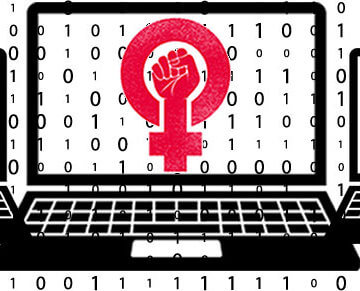 A collage of drawings of three computers, 1 and 0s scattered in the background like code, and female gender symbols in the computers