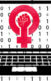 A collage of drawings of three computers, 1 and 0s scattered in the background like code, and female gender symbols in the computers