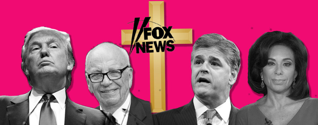 A collage of photos of Donald Trump, Rupert Murdoch, Sean Hannity in front of a cross that says "Fox News" on it.