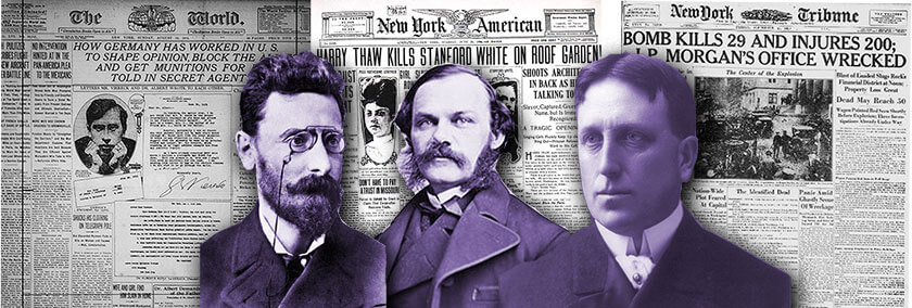 A collage of photos of Joseph Pulitzer and William Randolph Hearst and another man, older copies of The World, New York American and New York Tribune are behind them