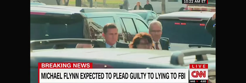 A screenshot of Michael Flynn walking on CNN. The text "Michael Flynn expected to plead guilty to lying to FBI"