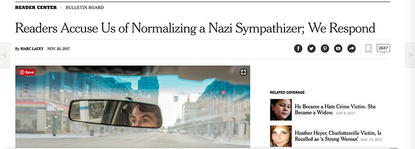 A screenshot of a New York Times article with the headline "Readers Accuse Us of Normalizing a Nazi Sympathizer; We Respond."