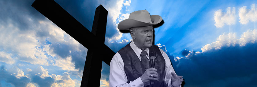 A collage of Roy Moore with a cross behind of him.