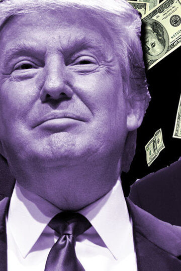 A collage of photos of Donald Trump and some members of his cabinet with dollar bills behind him.