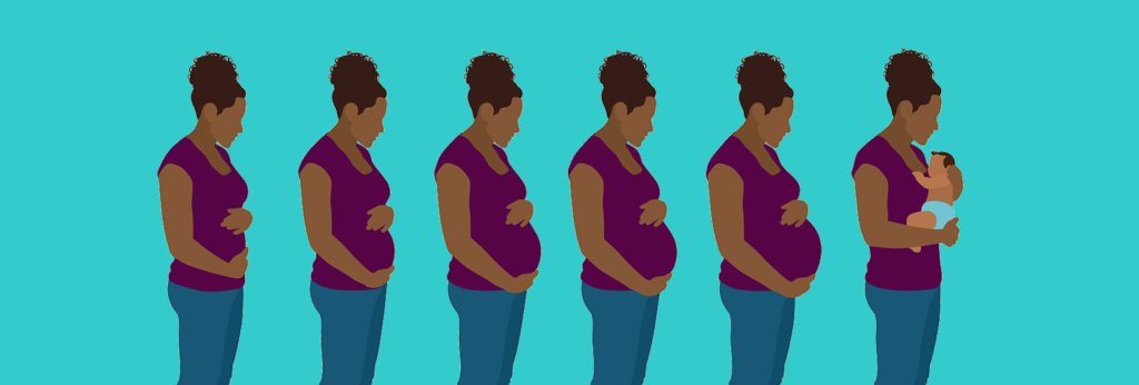 An illustration of a Black woman in various stages of her pregnancy. In the last drawing of her, she is holding a baby.