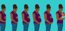 An illustration of a Black woman in various stages of her pregnancy. In the last drawing of her, she is holding a baby.
