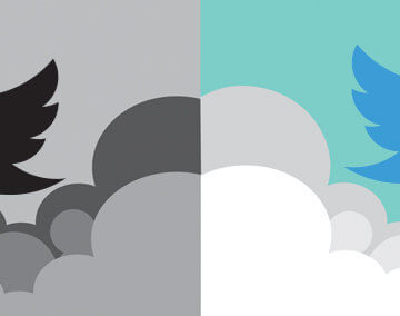 Two illustrations. One is of a Twitter bird in black with devil horns. The other is a Twitter bird in blue with an Angel circle over its head.