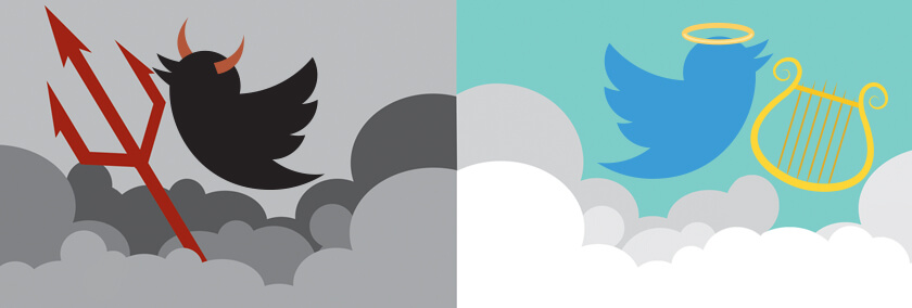 Two illustrations. One is of a Twitter bird in black with devil horns. The other is a Twitter bird in blue with an Angel circle over its head.