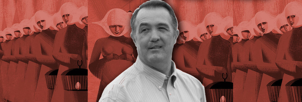 A photo of Republican Trent Franks with drawings of Handmaids in the background.