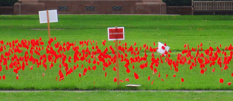 A photo of red flags on green grass at a university