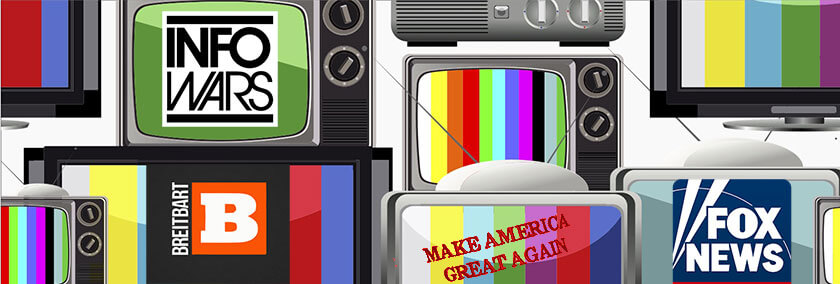 A collage of different illustrations of televisions. In them, there is a Breitbart logo, Info Wars logo, a Fox News logo and the message Make America Great Again