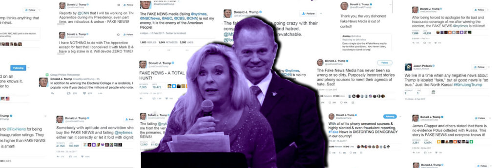 A photo of Roy Moore and his wife with tweets by Donald Trump behind them.