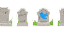 Three gravestones. One has a dead Twitter bird on it.