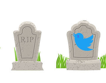 Three gravestones. One has a dead Twitter bird on it.