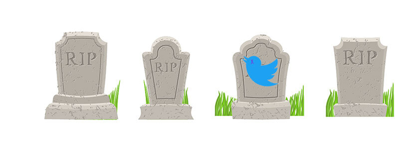 Three gravestones. One has a dead Twitter bird on it.