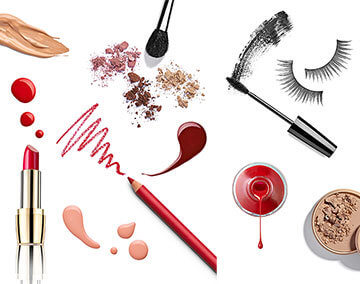 A collage of different cosmetics, including lipstick, blush and mascara